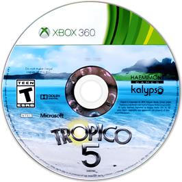Cartridge artwork for Tropico 5 on the Microsoft Xbox 360.