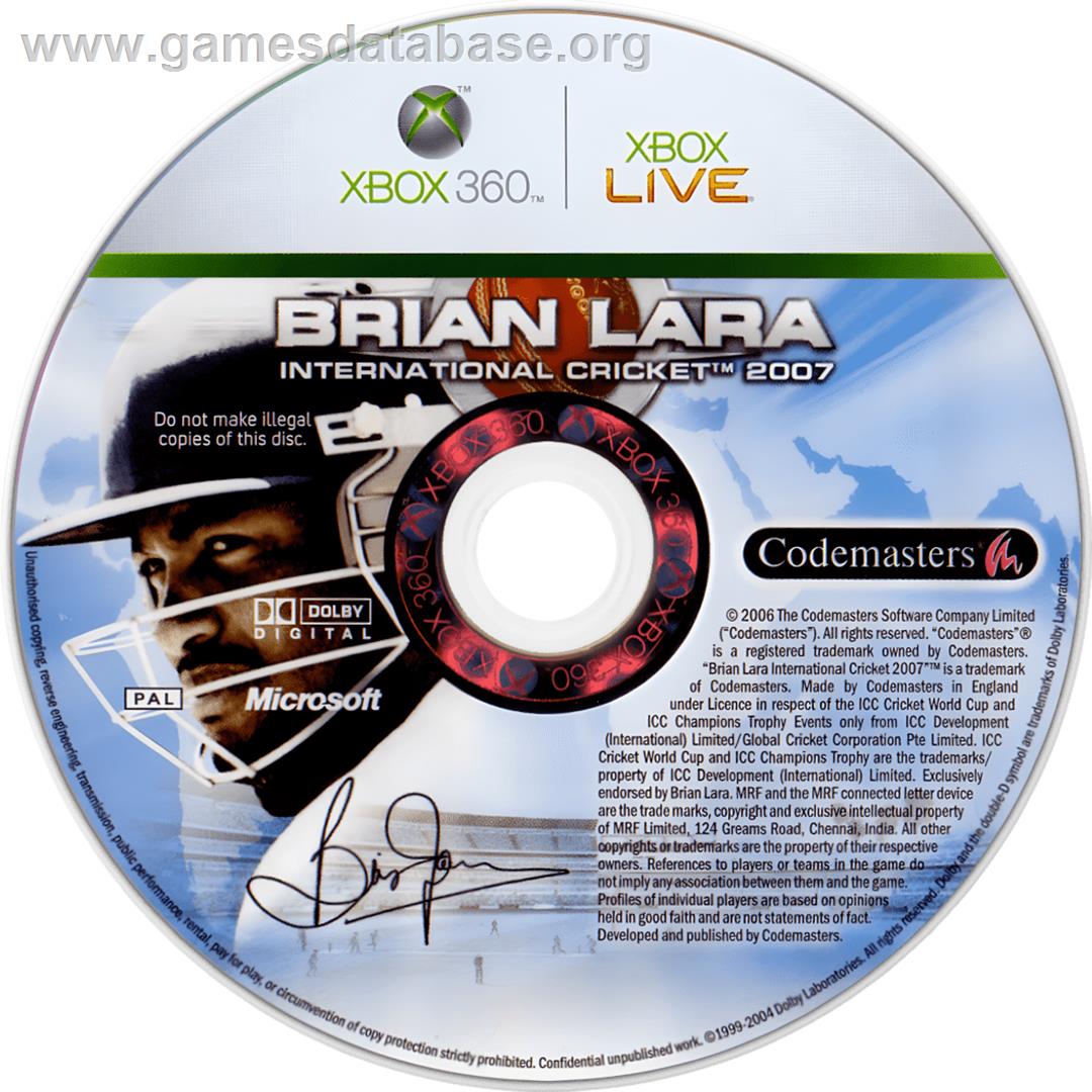 Brian Lara International Cricket 2007 - Microsoft Xbox 360 - Artwork - Cartridge