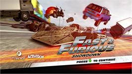 Title screen of Fast And Furious - Showdown on the Microsoft Xbox 360.