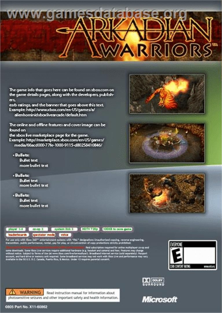 Arkadian Warriors - Microsoft Xbox Live Arcade - Artwork - Box Back