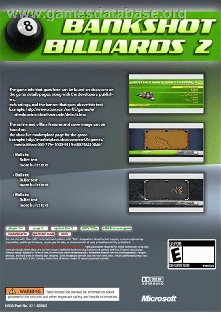 Bankshot Billiards 2 - Microsoft Xbox Live Arcade - Artwork - Box Back