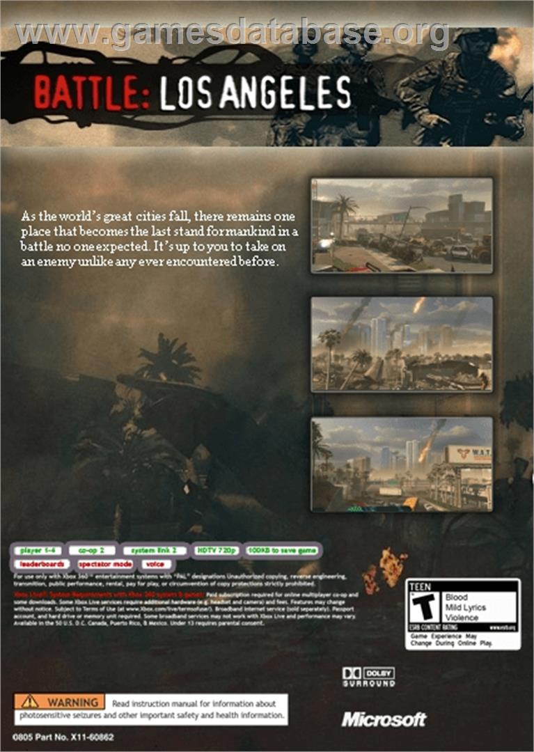 Battle: Los Angeles - Microsoft Xbox Live Arcade - Artwork - Box Back