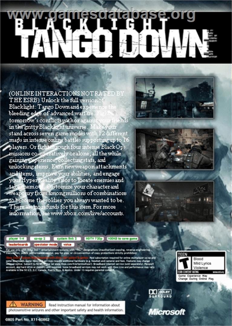 Blacklight: Tango Down - Microsoft Xbox Live Arcade - Artwork - Box Back