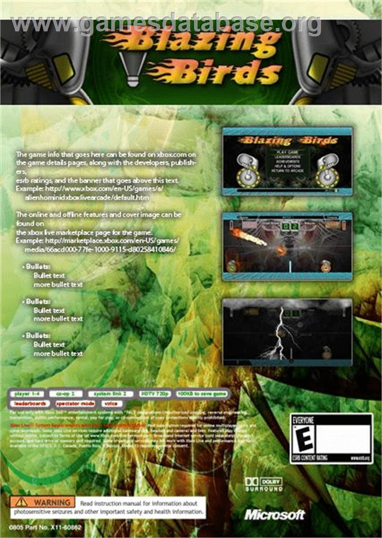 Blazing Birds - Microsoft Xbox Live Arcade - Artwork - Box Back
