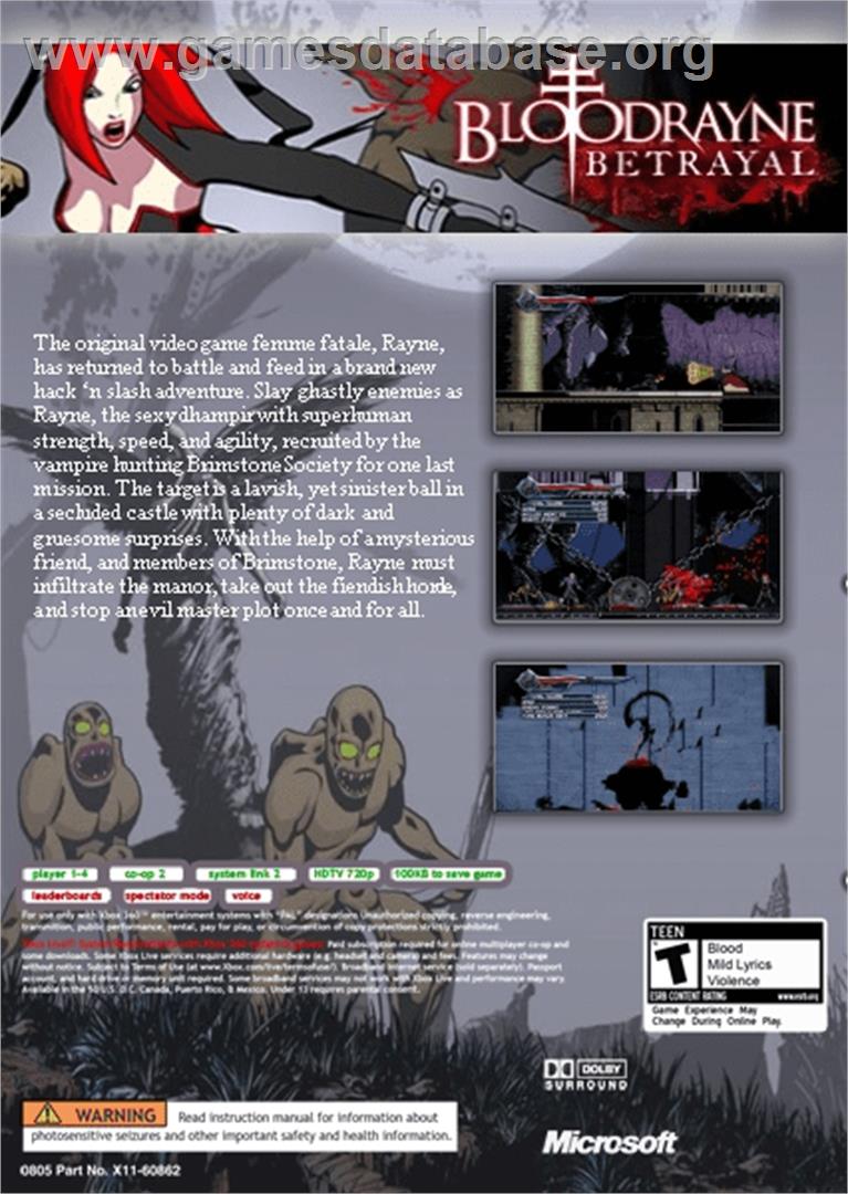 BloodRayne: Betrayal - Microsoft Xbox Live Arcade - Artwork - Box Back