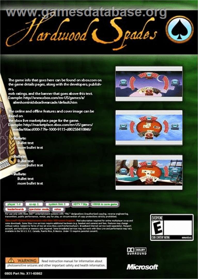 Hardwood Spades - Microsoft Xbox Live Arcade - Artwork - Box Back