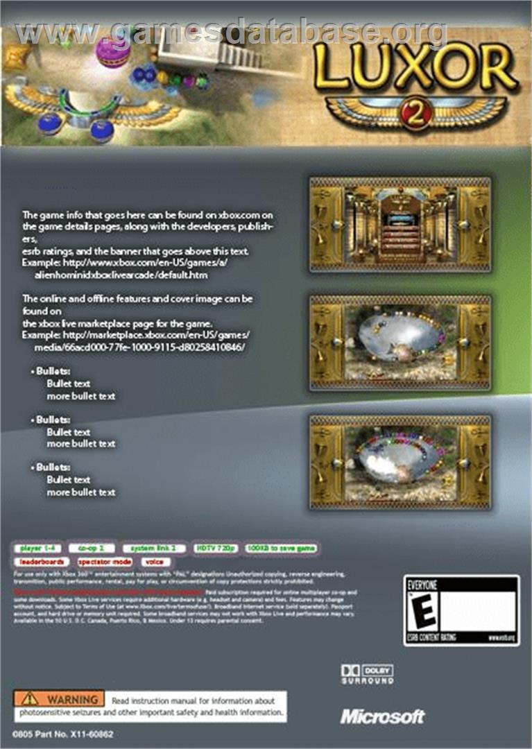 Luxor 2 - Microsoft Xbox Live Arcade - Artwork - Box Back