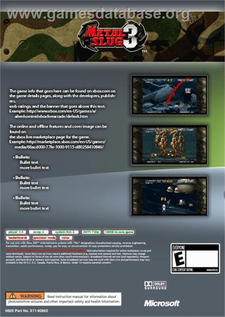 Metal Slug 3 - Microsoft Xbox Live Arcade - Artwork - Box Back