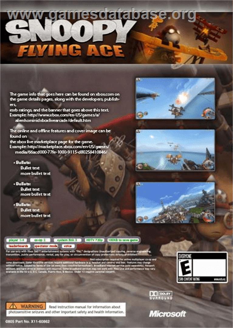 Snoopy Flying Ace - Microsoft Xbox Live Arcade - Artwork - Box Back