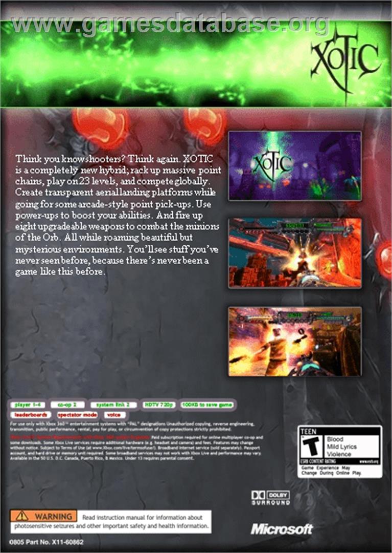 Xotic - Microsoft Xbox Live Arcade - Artwork - Box Back