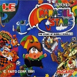 Top of cartridge artwork for Parasol Stars: The Story of Bubble Bobble III on the NEC PC Engine.