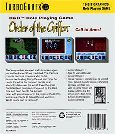 Box back cover for Dungeons and Dragons - Order of the Griffon on the NEC TurboGrafx-16.