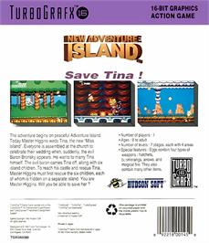 Box back cover for New Adventure Island on the NEC TurboGrafx-16.