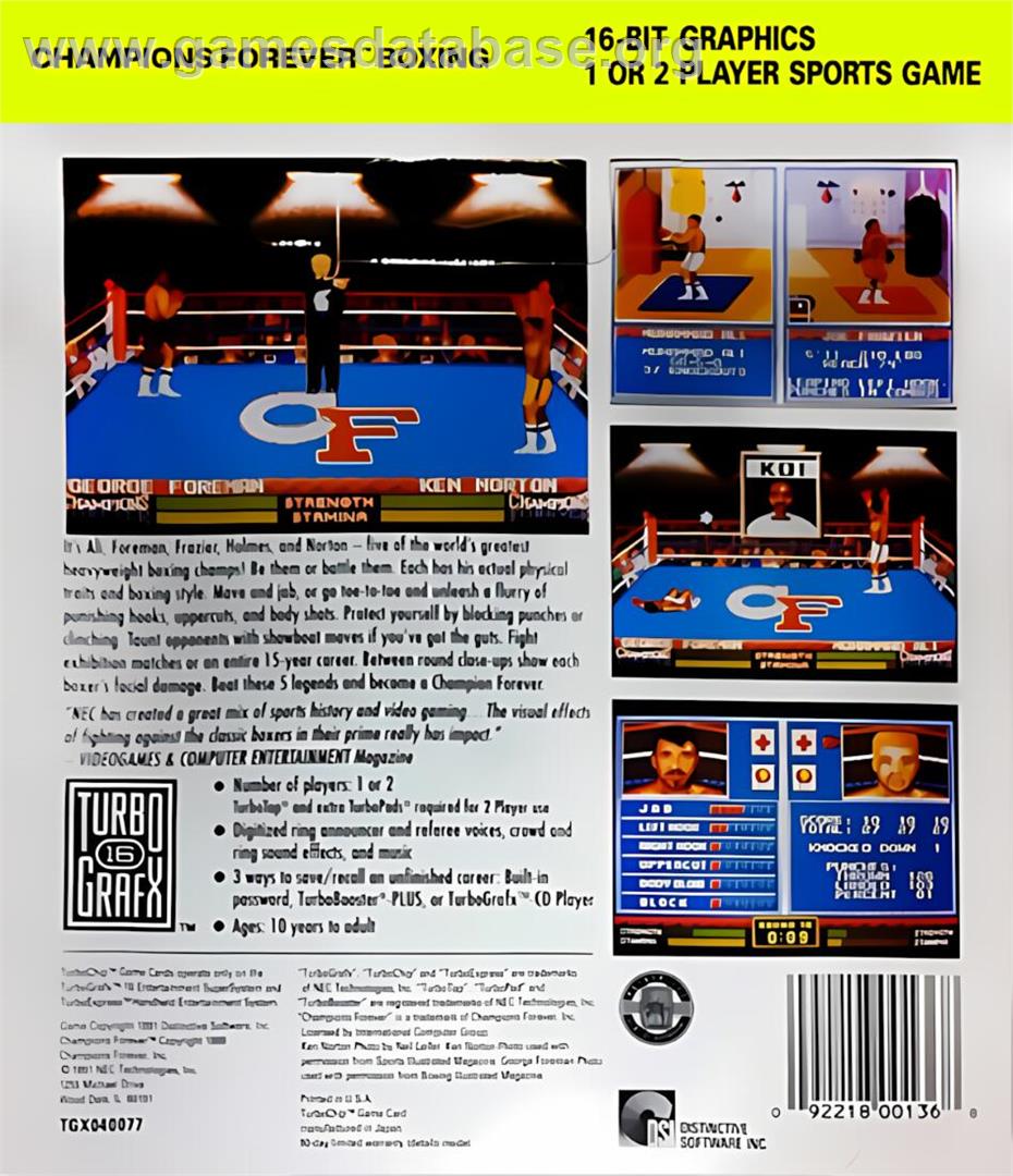 Champions Forever Boxing - NEC TurboGrafx-16 - Artwork - Box Back