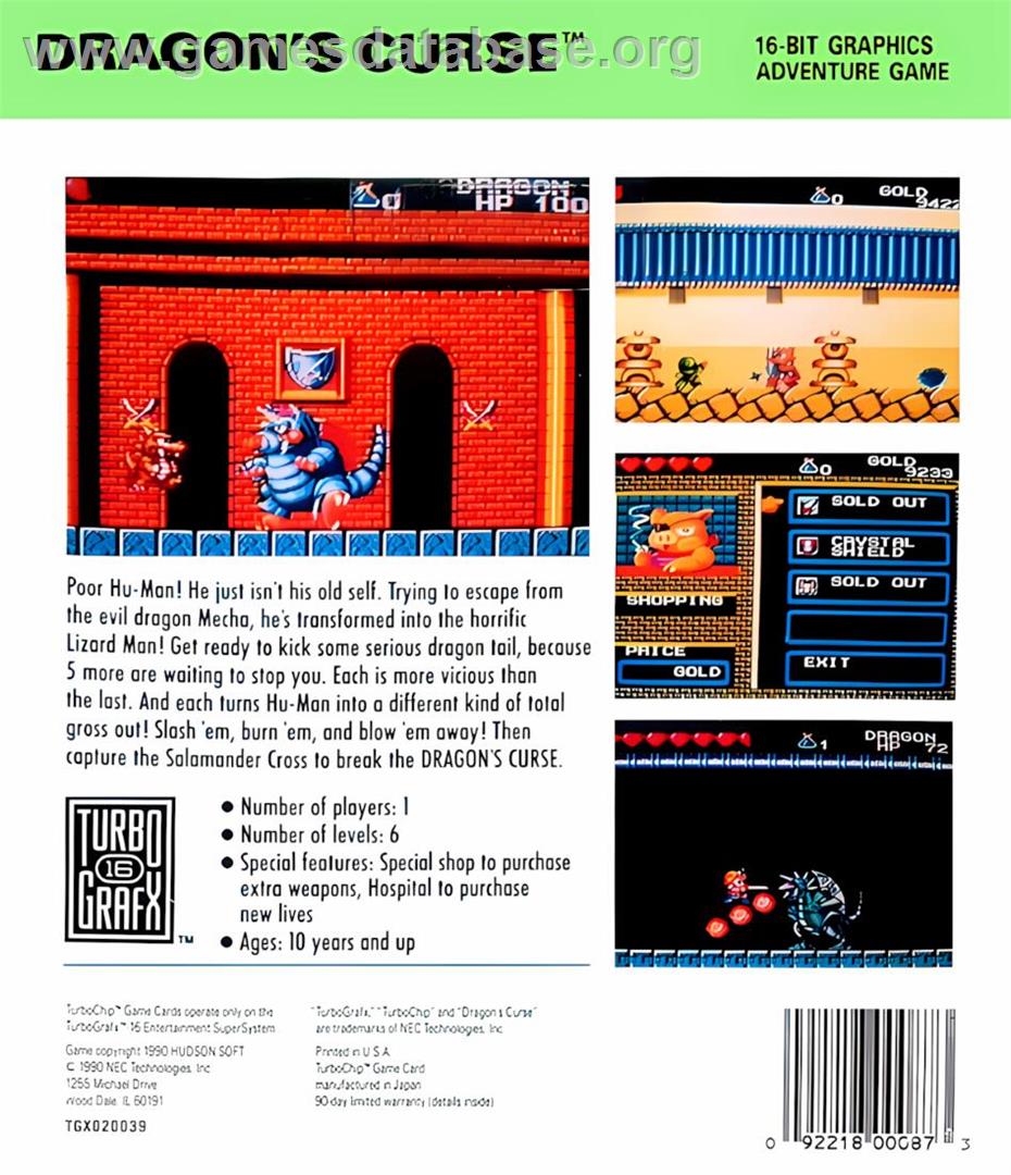 Dragon's Curse - NEC TurboGrafx-16 - Artwork - Box Back