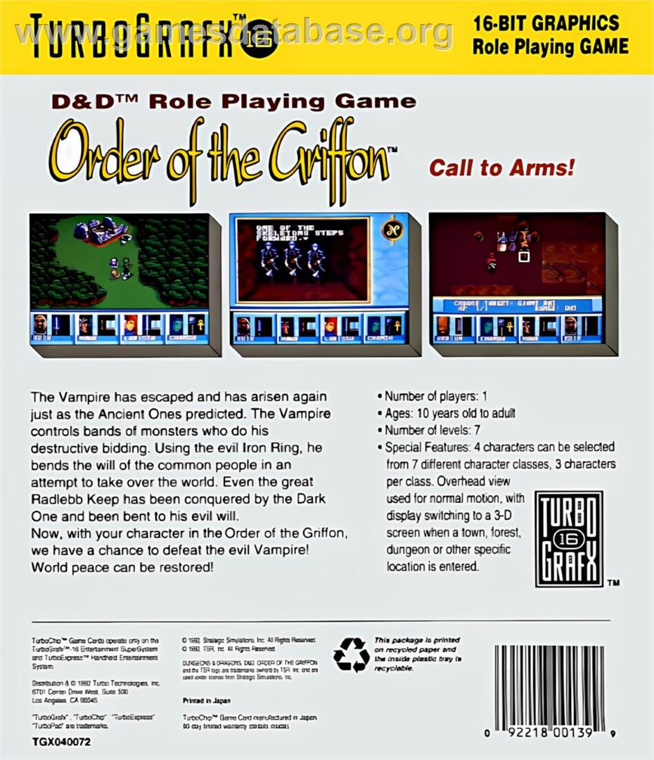 Dungeons and Dragons - Order of the Griffon - NEC TurboGrafx-16 - Artwork - Box Back