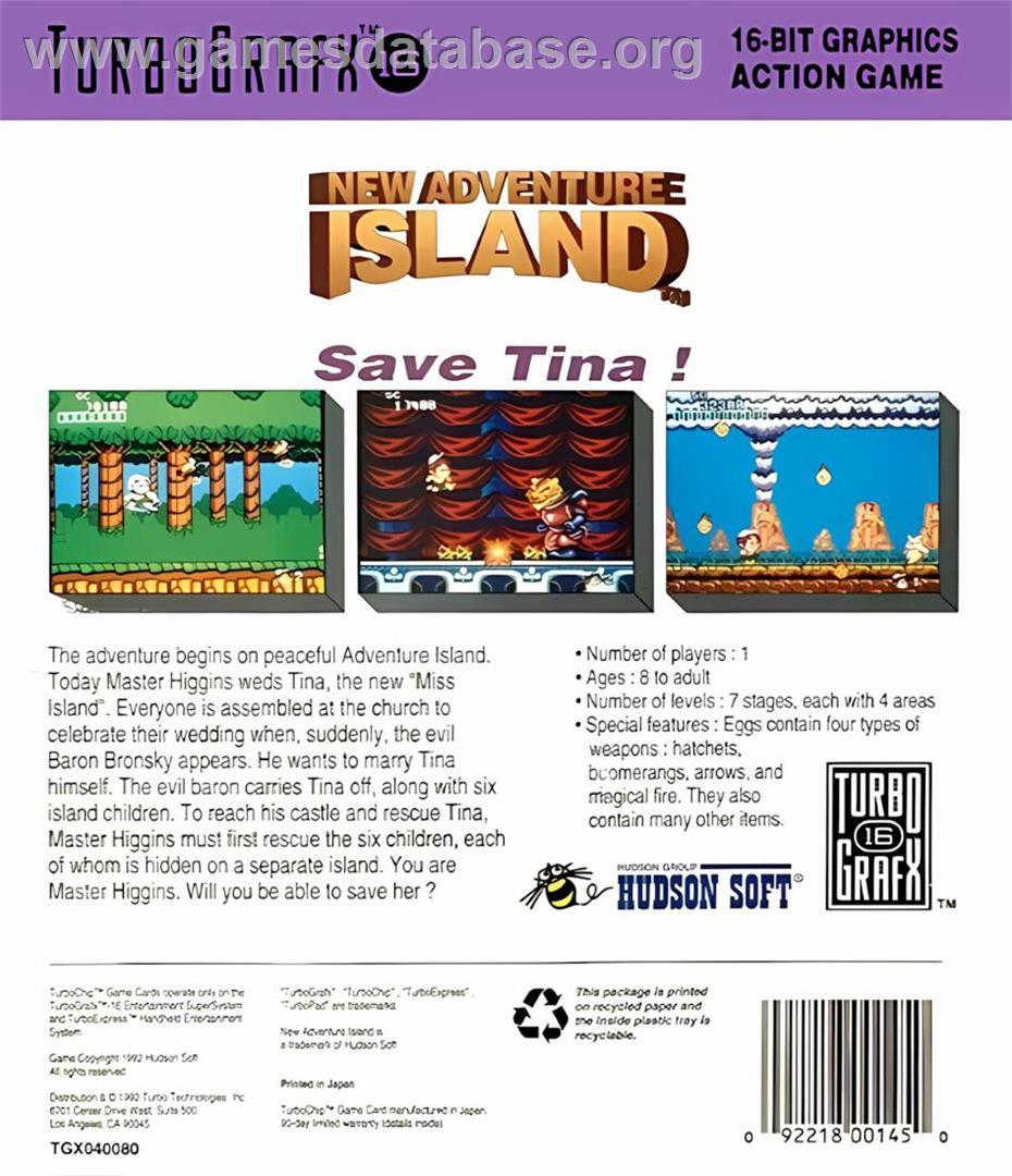 New Adventure Island - NEC TurboGrafx-16 - Artwork - Box Back