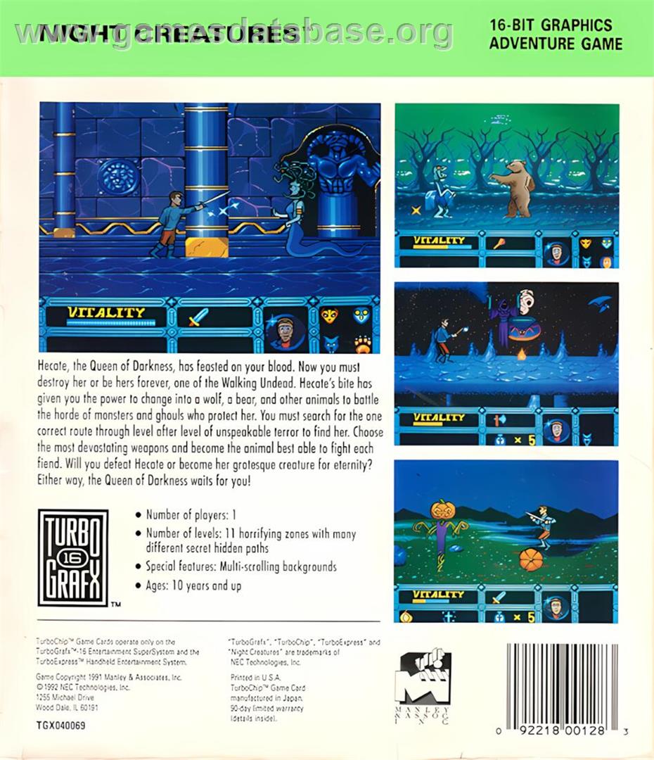 Night Creatures - NEC TurboGrafx-16 - Artwork - Box Back