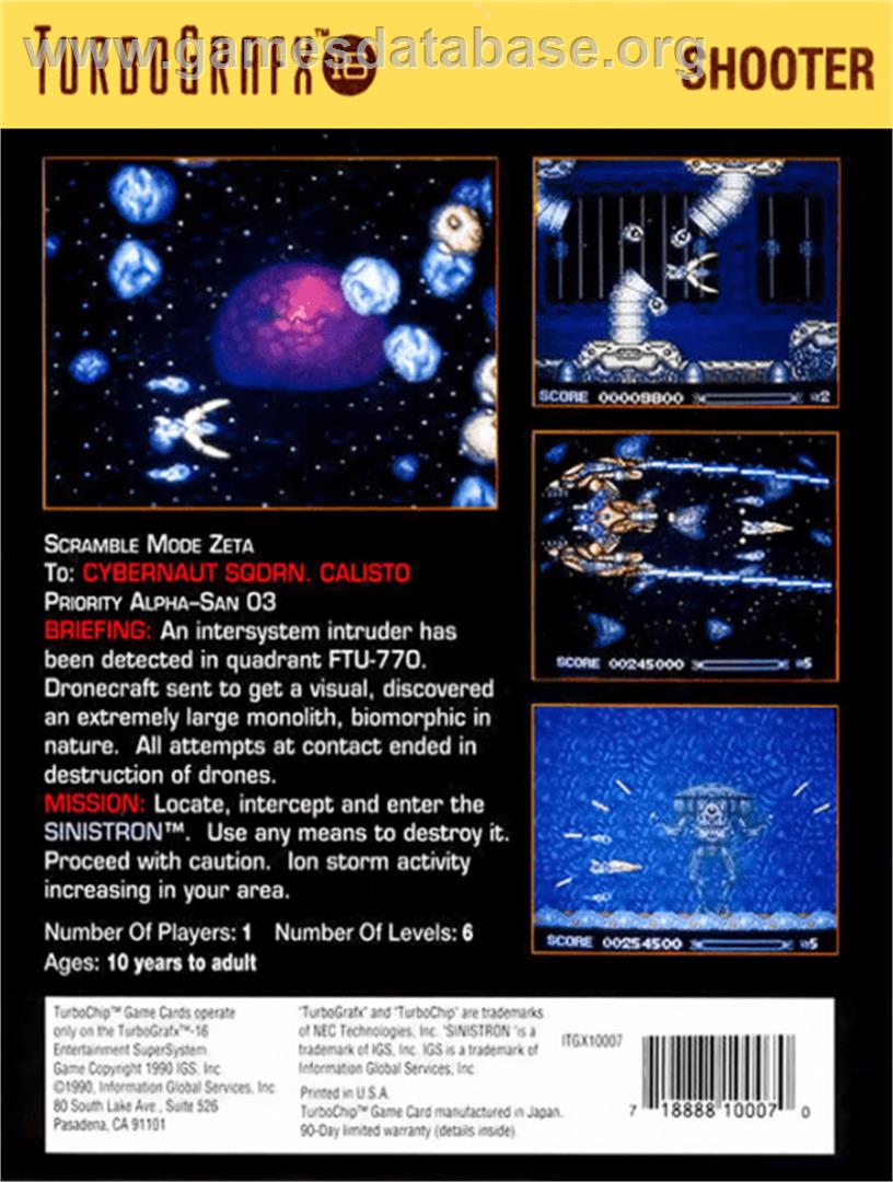 Sinistron - NEC TurboGrafx-16 - Artwork - Box Back