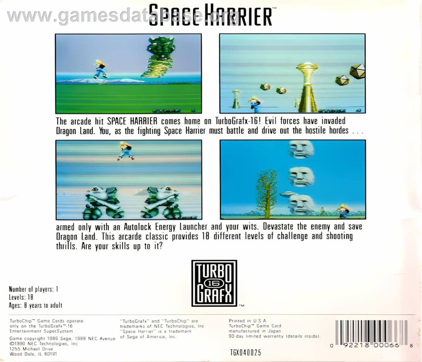 Space Harrier - NEC TurboGrafx-16 - Artwork - Box Back