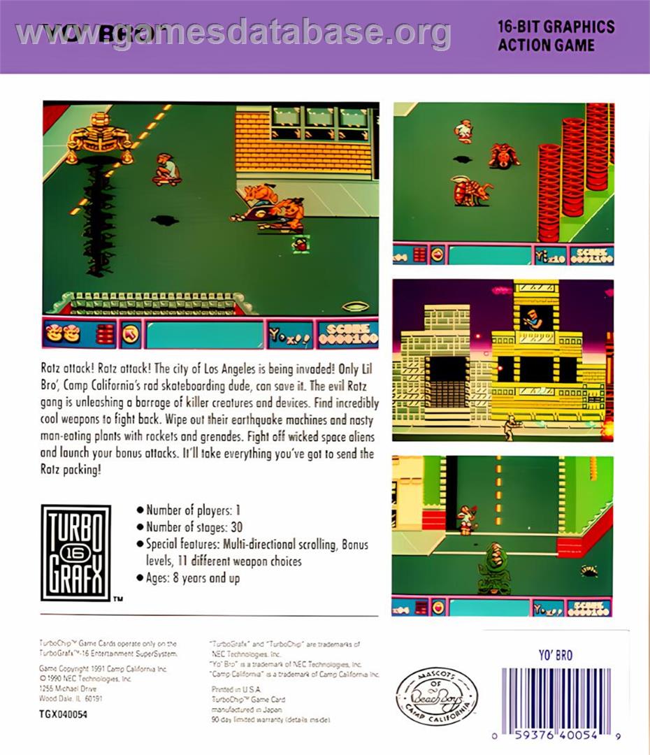 Yo' Bro - NEC TurboGrafx-16 - Artwork - Box Back