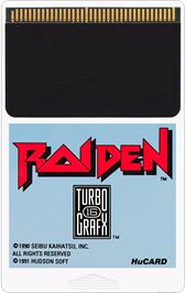 Cartridge artwork for Raiden on the NEC TurboGrafx-16.