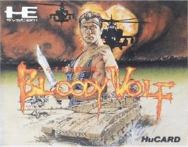 Top of cartridge artwork for Bloody Wolf on the NEC TurboGrafx-16.