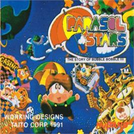 Top of cartridge artwork for Parasol Stars - The Story Of Bubble Bobble 3 on the NEC TurboGrafx-16.