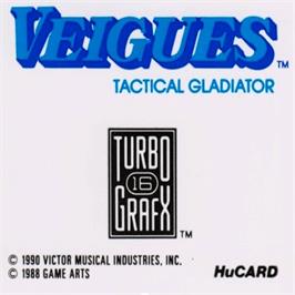 Top of cartridge artwork for Veigues - Tactical Gladiator on the NEC TurboGrafx-16.