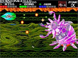 In game image of Darius Plus on the NEC TurboGrafx-16.