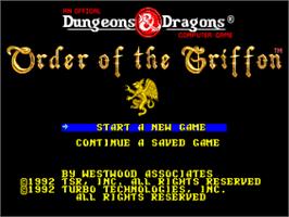 Title screen of Dungeons and Dragons - Order of the Griffon on the NEC TurboGrafx-16.