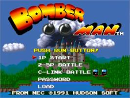 Title screen of Mega Bomberman on the NEC TurboGrafx-16.