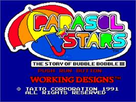 Title screen of Parasol Stars - The Story Of Bubble Bobble 3 on the NEC TurboGrafx-16.