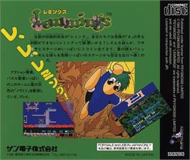 Box back cover for Lemmings on the NEC TurboGrafx CD.