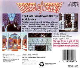 Box back cover for Prince Of Persia on the NEC TurboGrafx CD.
