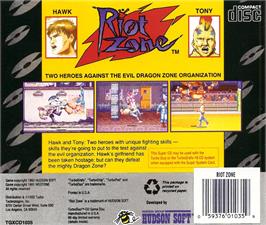 Box back cover for Riot Zone on the NEC TurboGrafx CD.