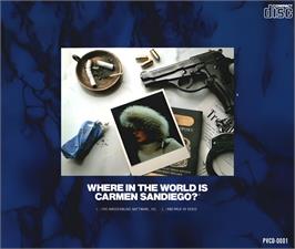 Box back cover for Where in the World is Carmen Sandiego? on the NEC TurboGrafx CD.