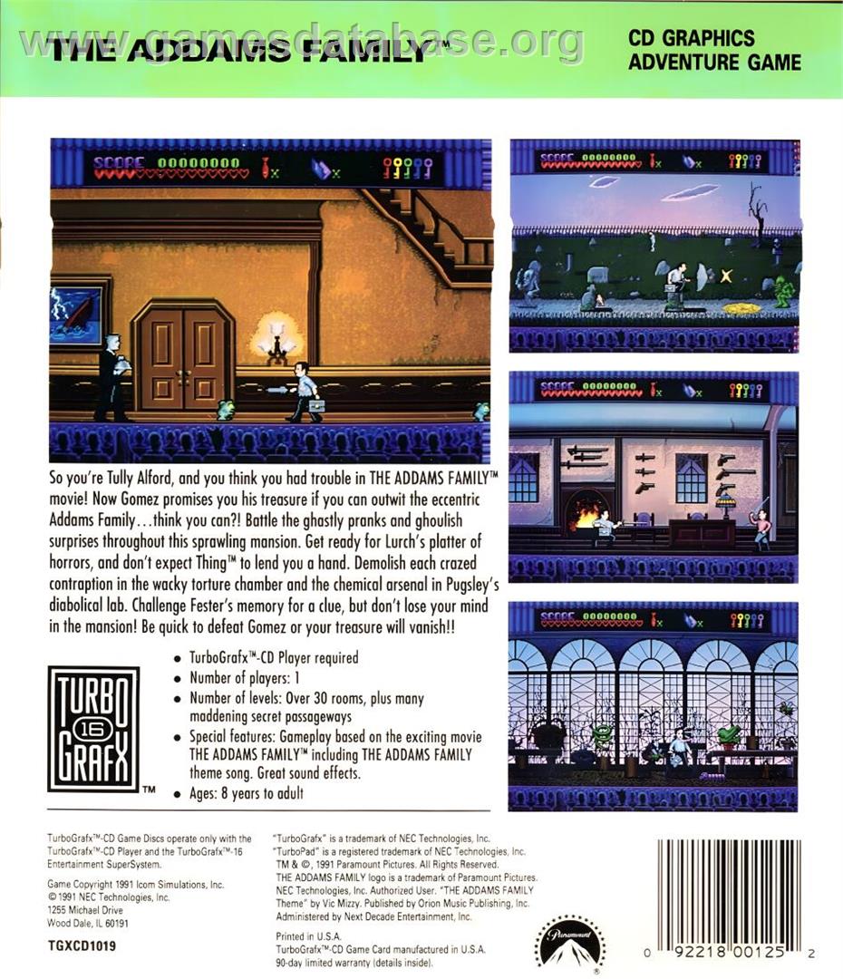 Addams Family, The - NEC TurboGrafx CD - Artwork - Box Back
