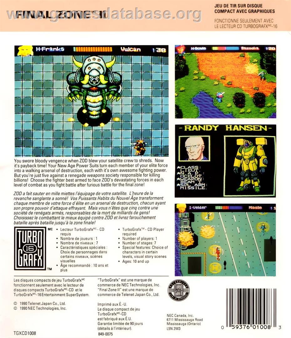 Final Zone 2 - NEC TurboGrafx CD - Artwork - Box Back