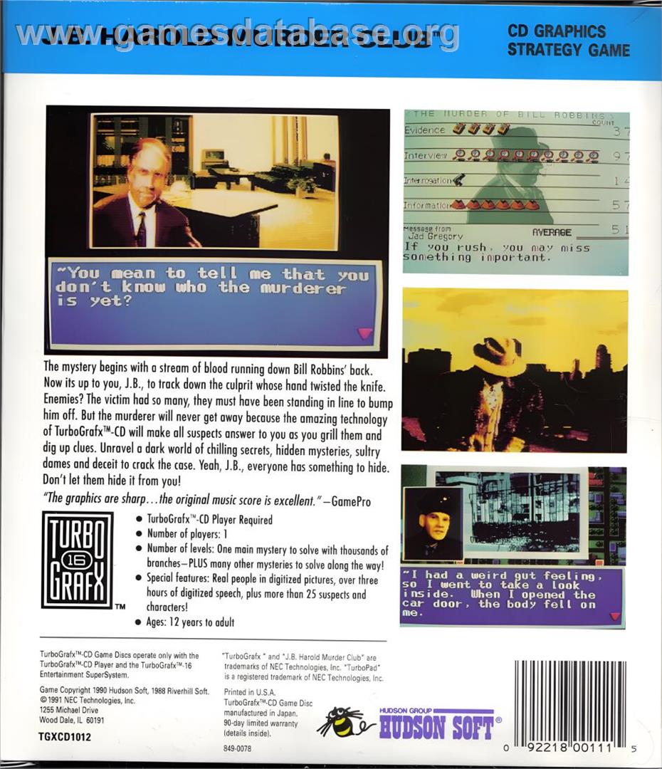 Jb Harold Murder Club - NEC TurboGrafx CD - Artwork - Box Back
