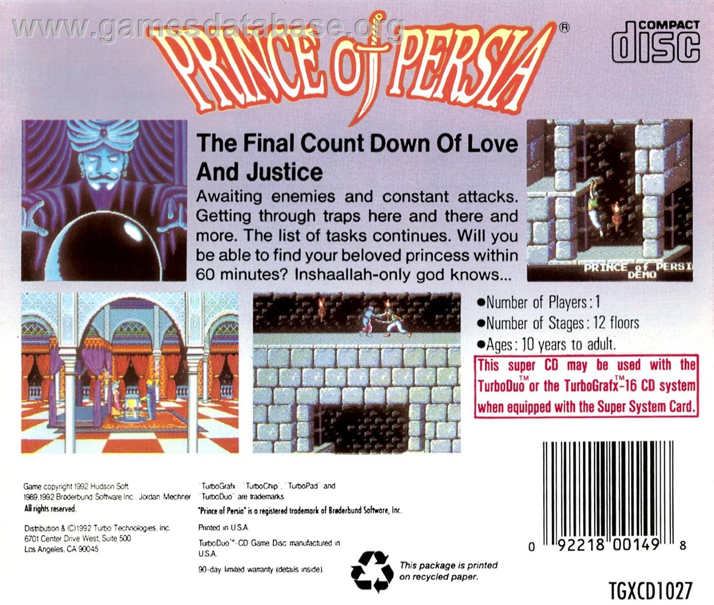 Prince Of Persia - NEC TurboGrafx CD - Artwork - Box Back