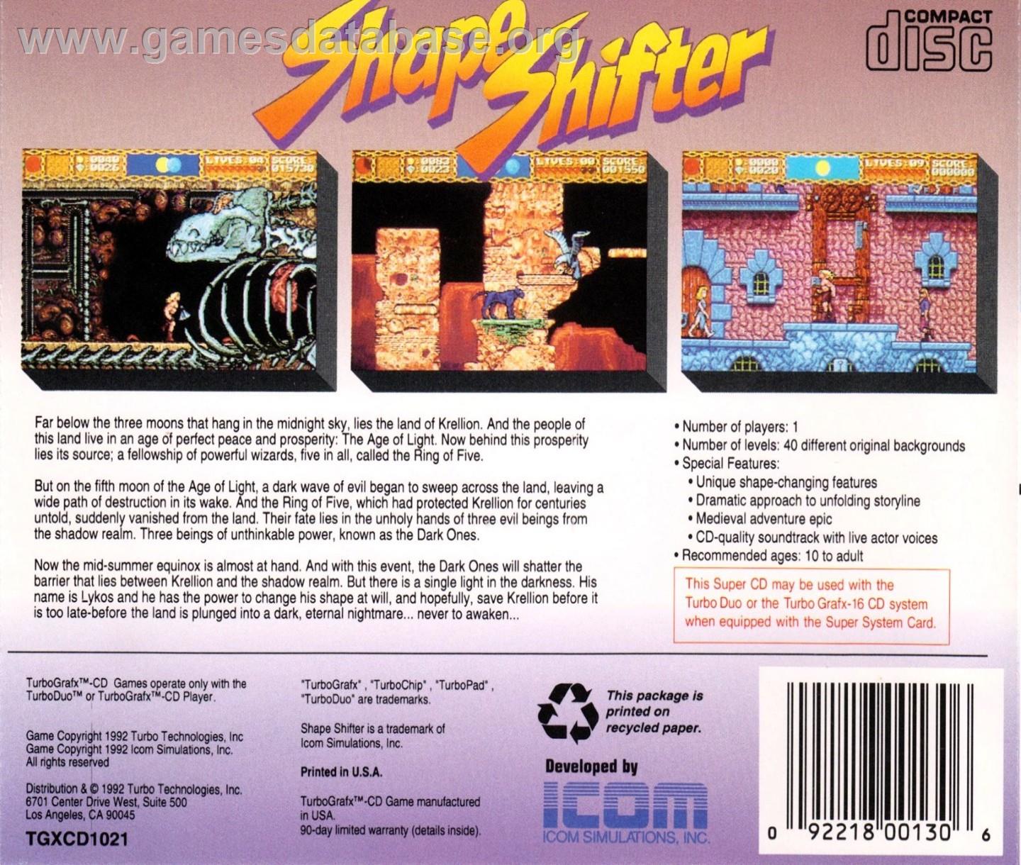 Shape Shifter - NEC TurboGrafx CD - Artwork - Box Back