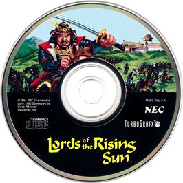 Cartridge artwork for Lords Of The Rising Sun on the NEC TurboGrafx CD.