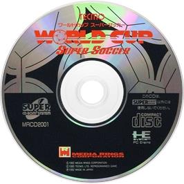 Cartridge artwork for Tecmo World Cup Super Soccer on the NEC TurboGrafx CD.