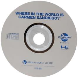 Cartridge artwork for Where in the World is Carmen Sandiego? on the NEC TurboGrafx CD.