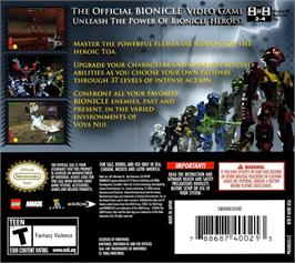 Box back cover for Bionicle Heroes on the Nintendo DS.