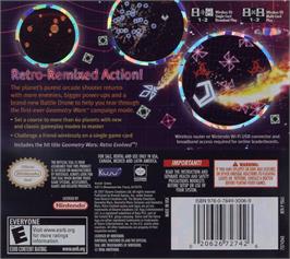 Box back cover for Geometry Wars Galaxies on the Nintendo DS.