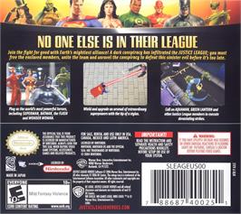 Box back cover for Justice League Heroes on the Nintendo DS.