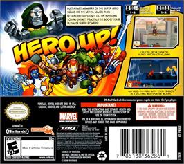Box back cover for Marvel Super Hero Squad on the Nintendo DS.