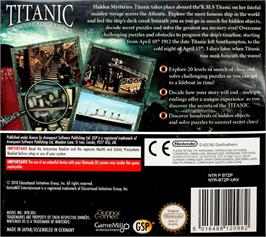 Box back cover for Murder On The Titanic on the Nintendo DS.